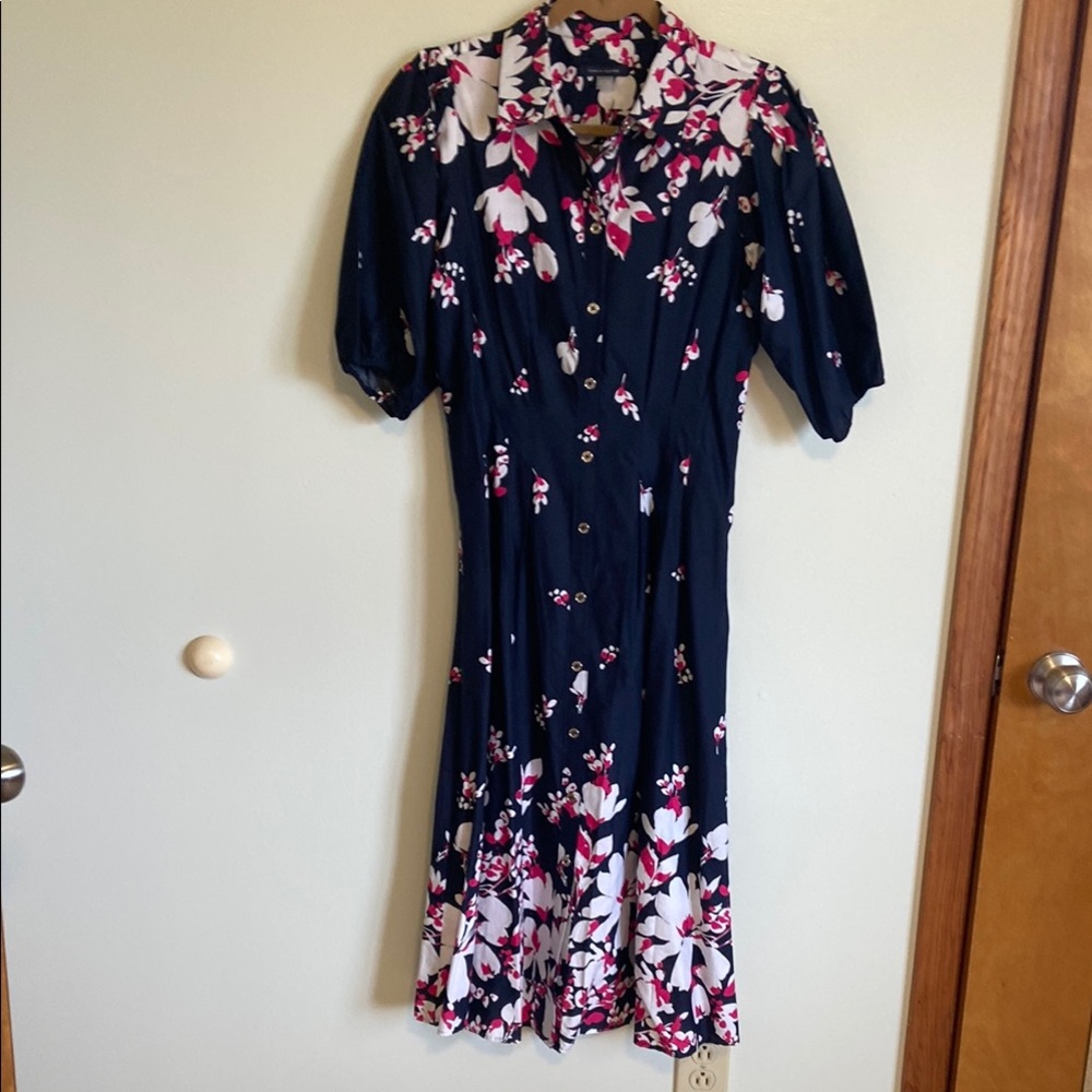 Tommy Hilfiger Navy and Pink Notched Collar Puff Sleeve Midi Dress